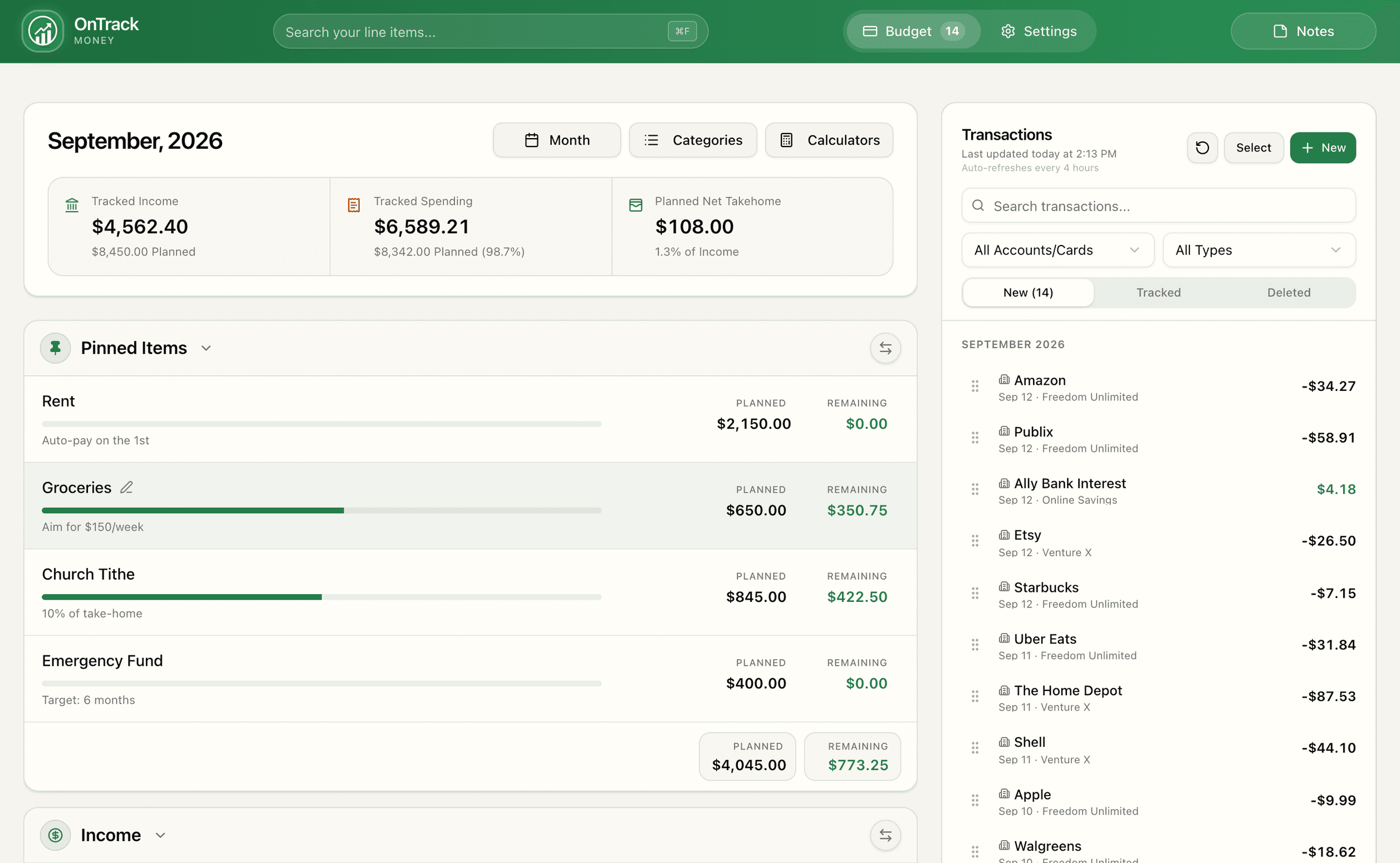 The OnTrack Money monthly budget on a laptop: categories and their remaining amounts on the left, the month's transactions on the right.