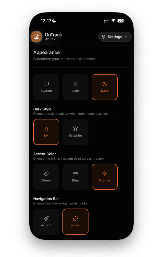 OnTrack Money - Appearance Settings