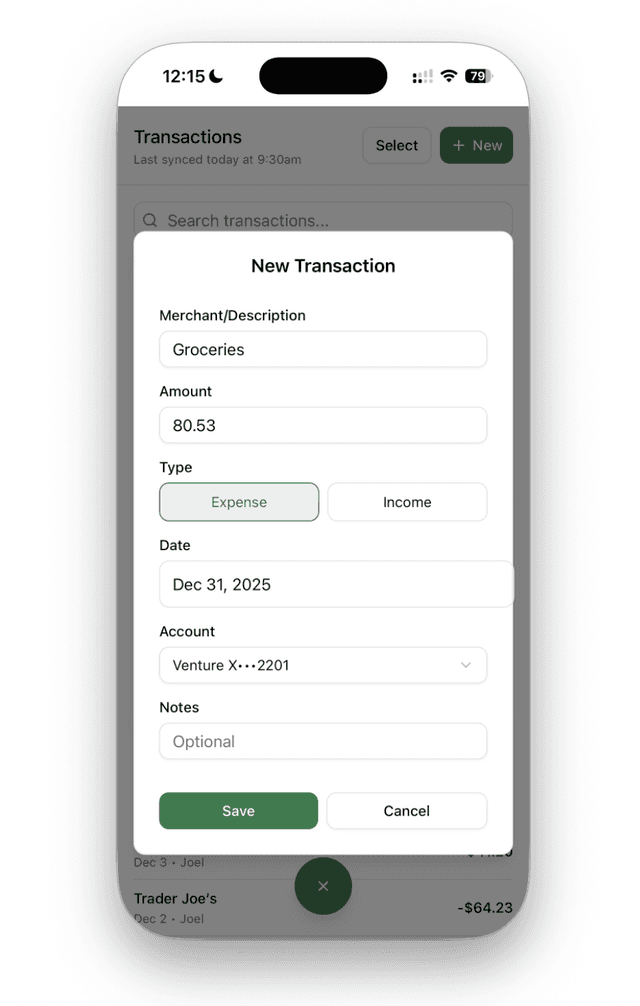 OnTrack Money - New Transaction