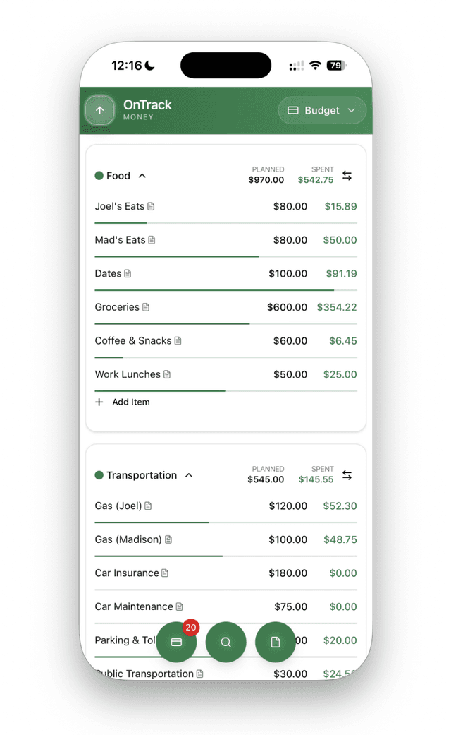 OnTrack Money - Budget Categories