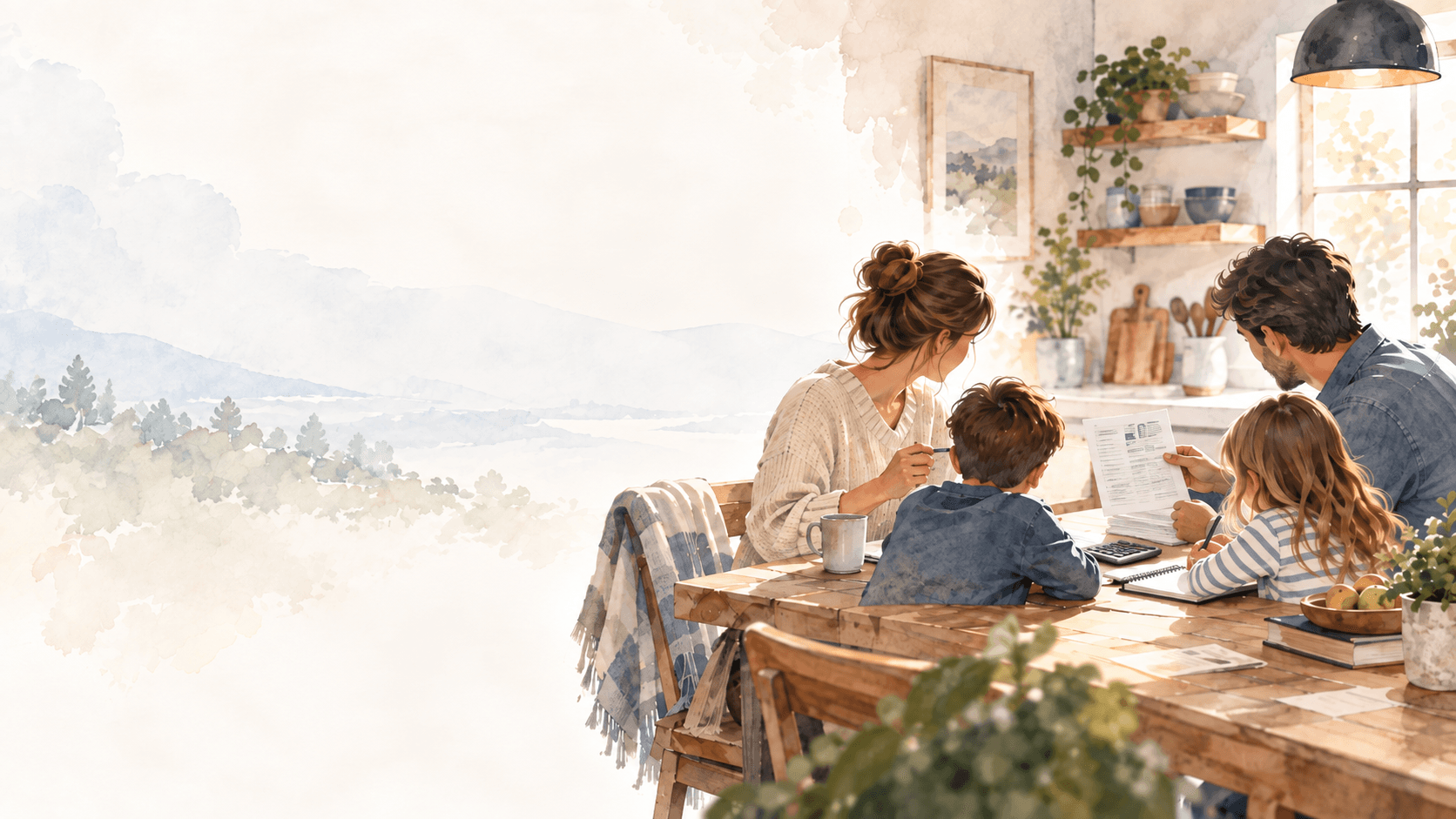 A family at a kitchen table going over the month's budget together.